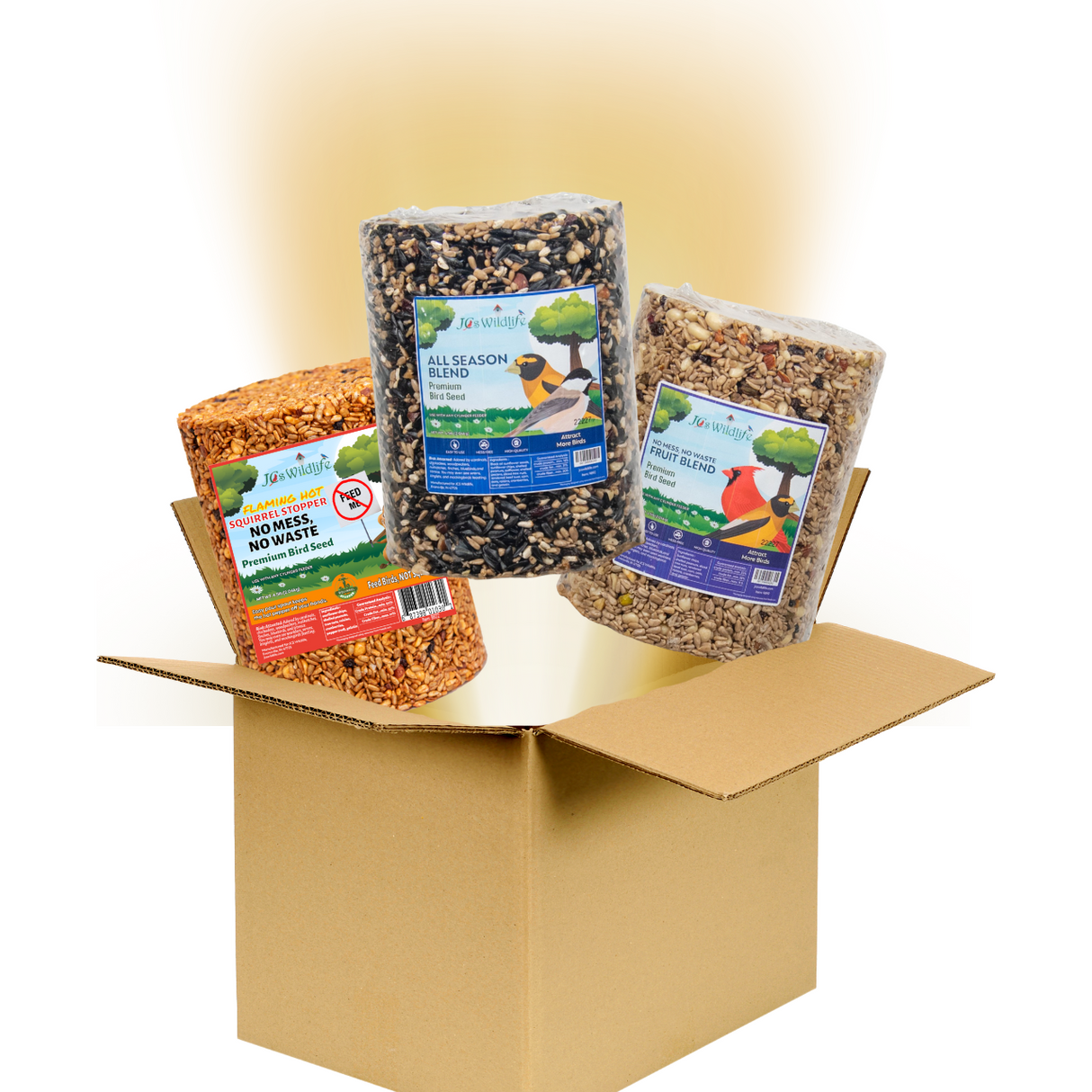 Jo's Wildlife product photography showing three premium birdseed blends—All Season Blend, Fruit Blend, and Flaming Hot Squirrel Stopper—in a cardboard box with colorful labels and images of birds