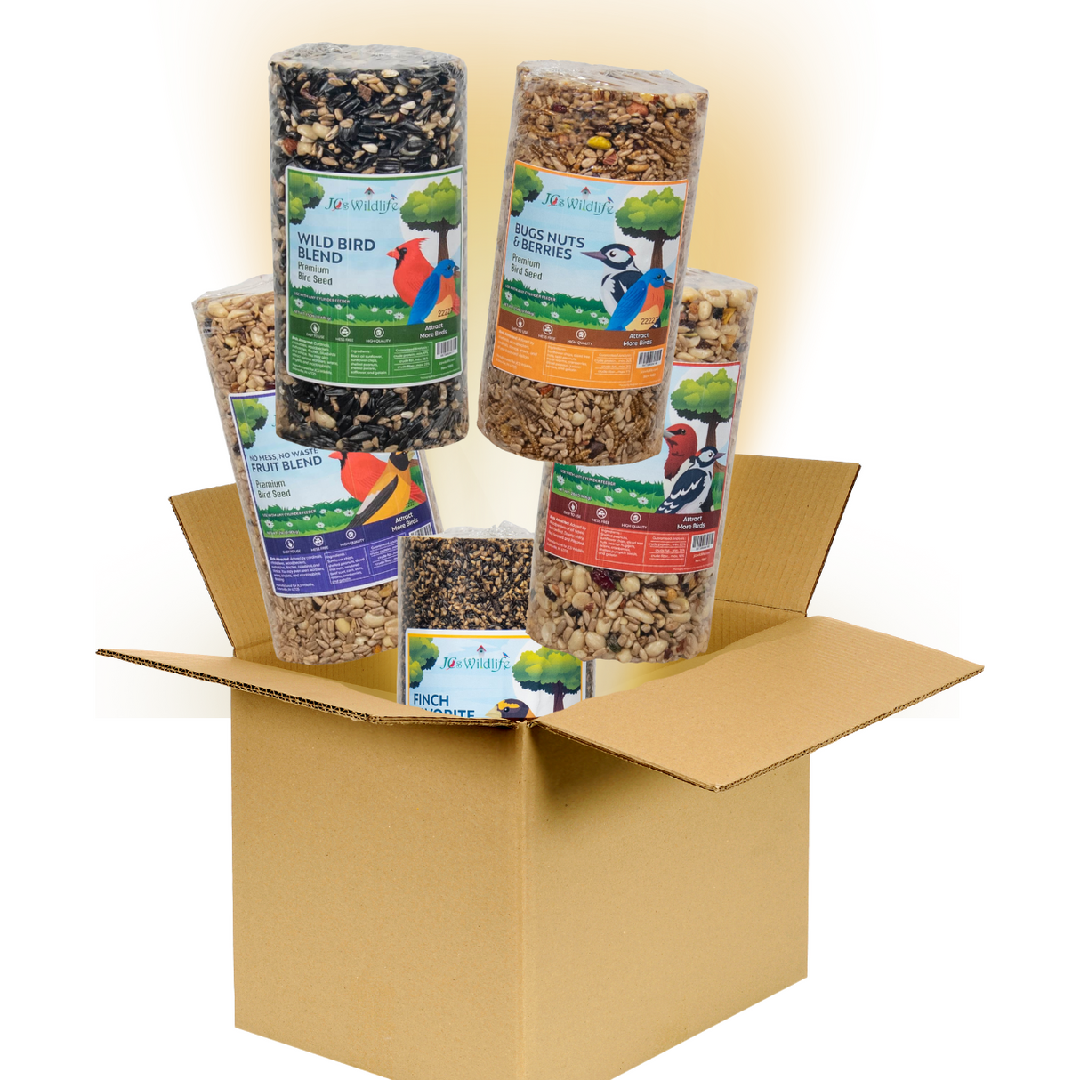 Jo's Wildlife product photography showing a cardboard box overflowing with premium birdseed blends including Wild Bird Blend, Bugs Nuts & Berries, and Finch Favorite featuring colorful bird illustrations and detailed ingredient labels