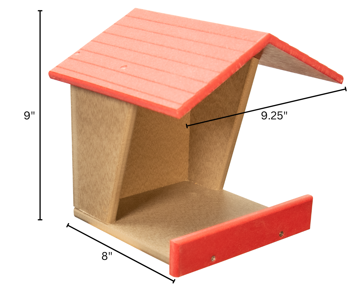 JCs Wildlife Modern Style All Poly Lumber Robin Roost showing dimensions 9.5" W x 8" D x 9.25" H, made from recycled poly lumber