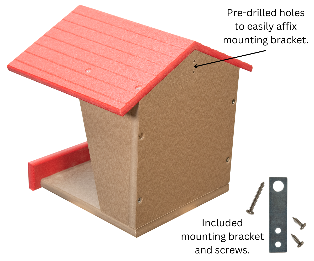 JCs Wildlife Modern Style All Poly Lumber Robin Roost with pre-drilled holes for easy installation and included mounting hardware.