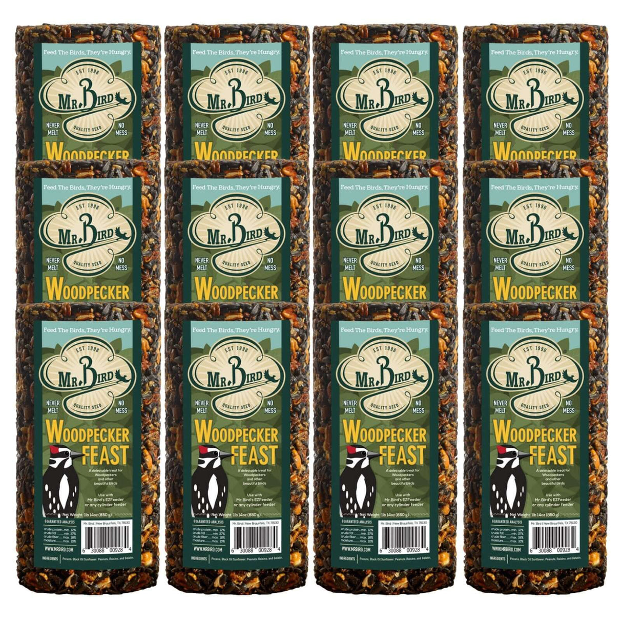 Mr. Bird Woodpecker Feast Small Wild Bird Seed Cylinder 1 lb. 14 oz. multi-pack of 12 for attracting woodpeckers.