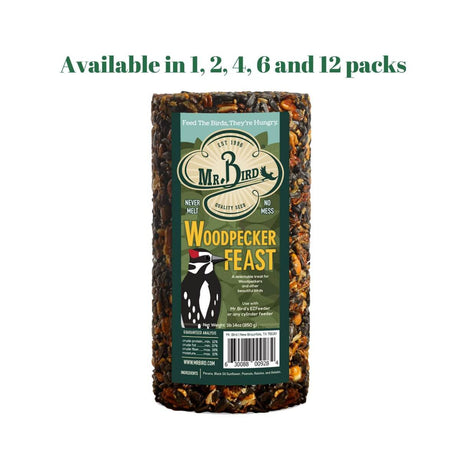 Mr. Bird Woodpecker Feast 1 lb. 14 oz. wild bird seed cylinder, available in 1, 2, 4, 6, and 12 packs.