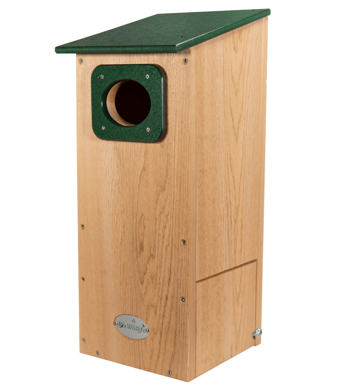 JCS Wildlife Cedar Wood Duck House with poly lumber roof and predator guard for nesting birds.