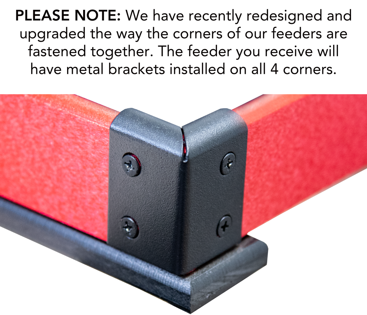 Close-up of JCs Wildlife feeder corner showing new metal bracket design for added durability.