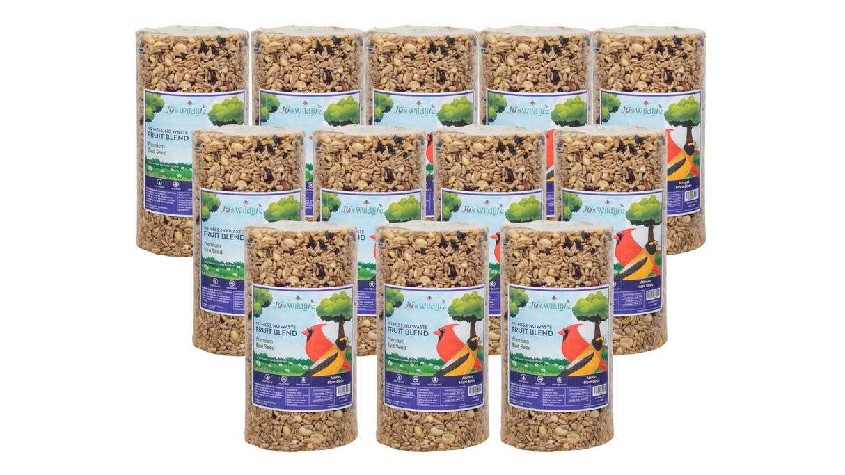 JCS Wildlife No Mess, No Waste Fruit Blend Premium Bird Seed Cylinder, 2 lb pack for backyard birds.