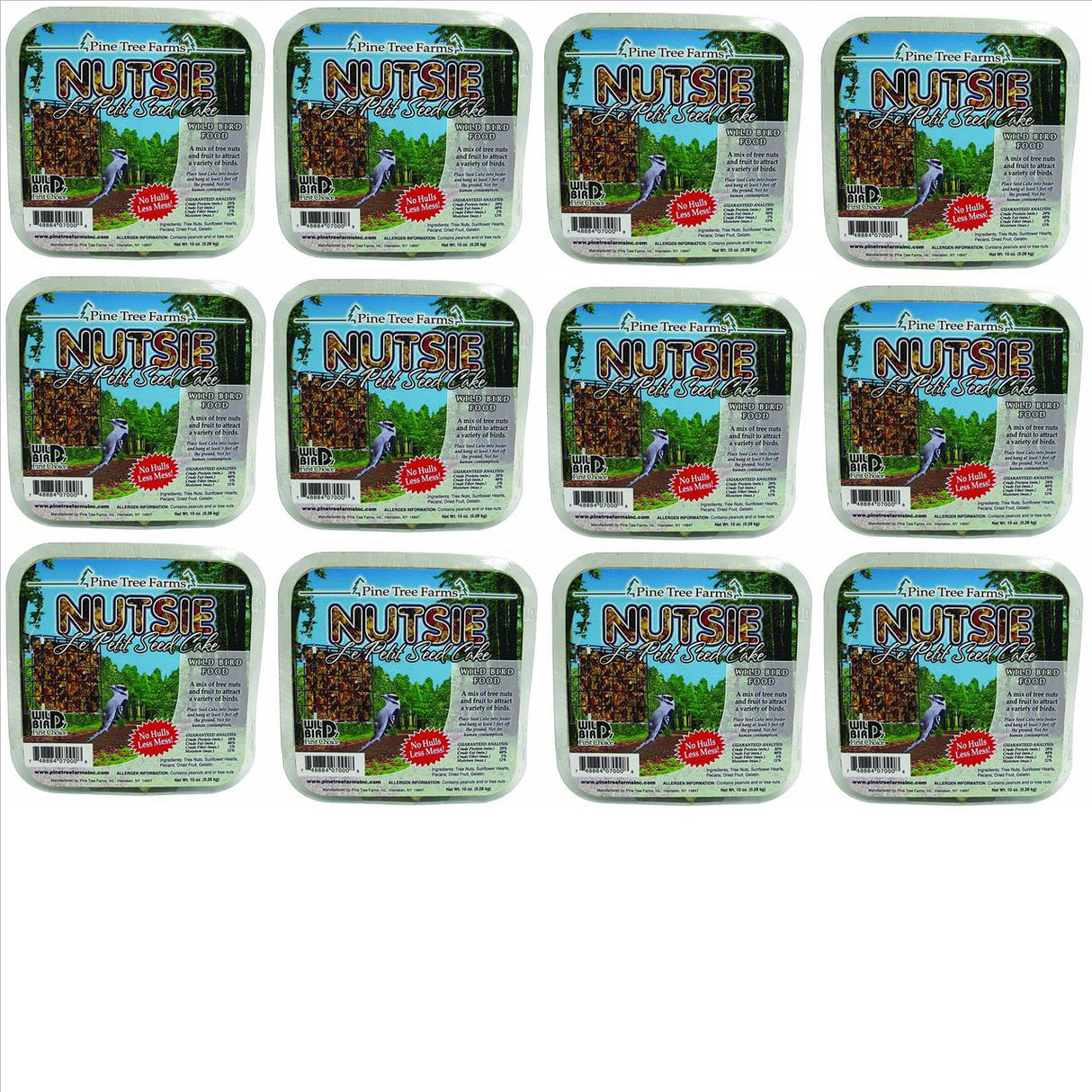 Pine Tree Farms Nutsie Le Petit Seed Cakes featuring a wild bird, possibly a woodpecker, twelve cakes shown with a mix of tree nuts and fruit in vibrant colors and no-hulls packaging