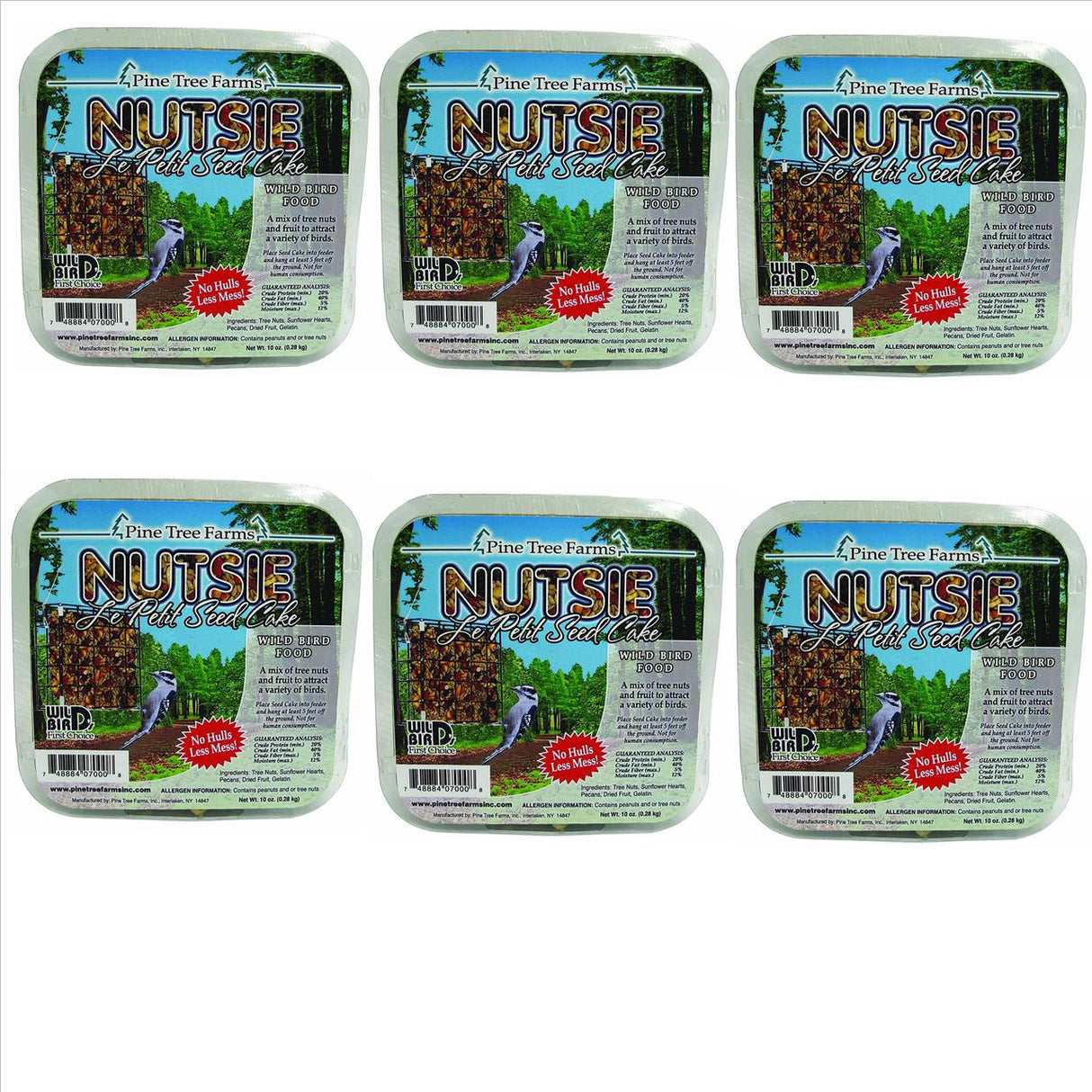Pine Tree Farms Nutsie Le Petit Seed Cake showing six packages of wild bird food featuring a downy woodpecker and featuring tree nuts sunflower hearts pecans and dried fruit in vibrant colors