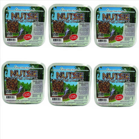 Pine Tree Farms Nutsie Le Petit Seed Cake showing six packages of wild bird food featuring a downy woodpecker and featuring tree nuts sunflower hearts pecans and dried fruit in vibrant colors
