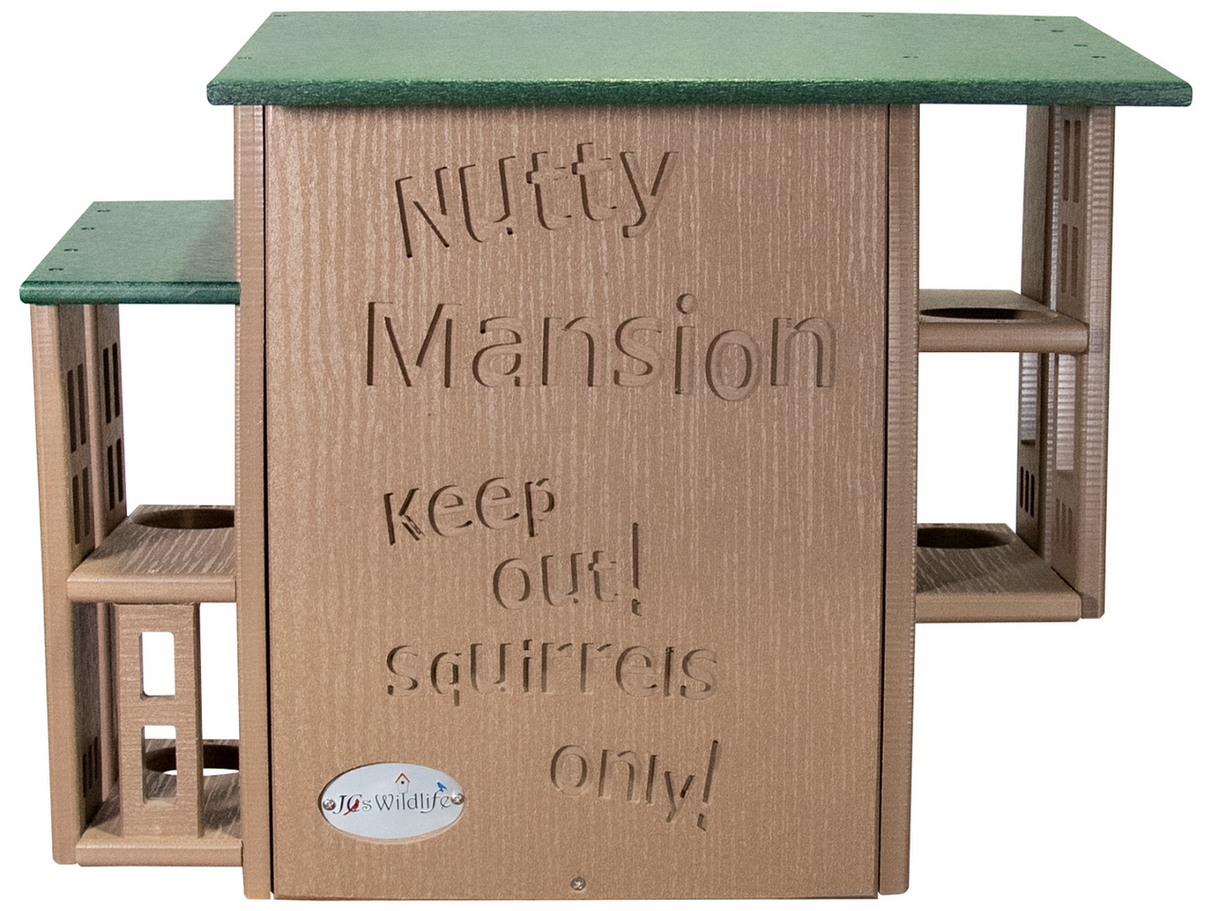 JQs Wildlife Nutty Mansion bird feeder with multiple feeding stations green roof and carved details shows Keep Out Squirrels Only