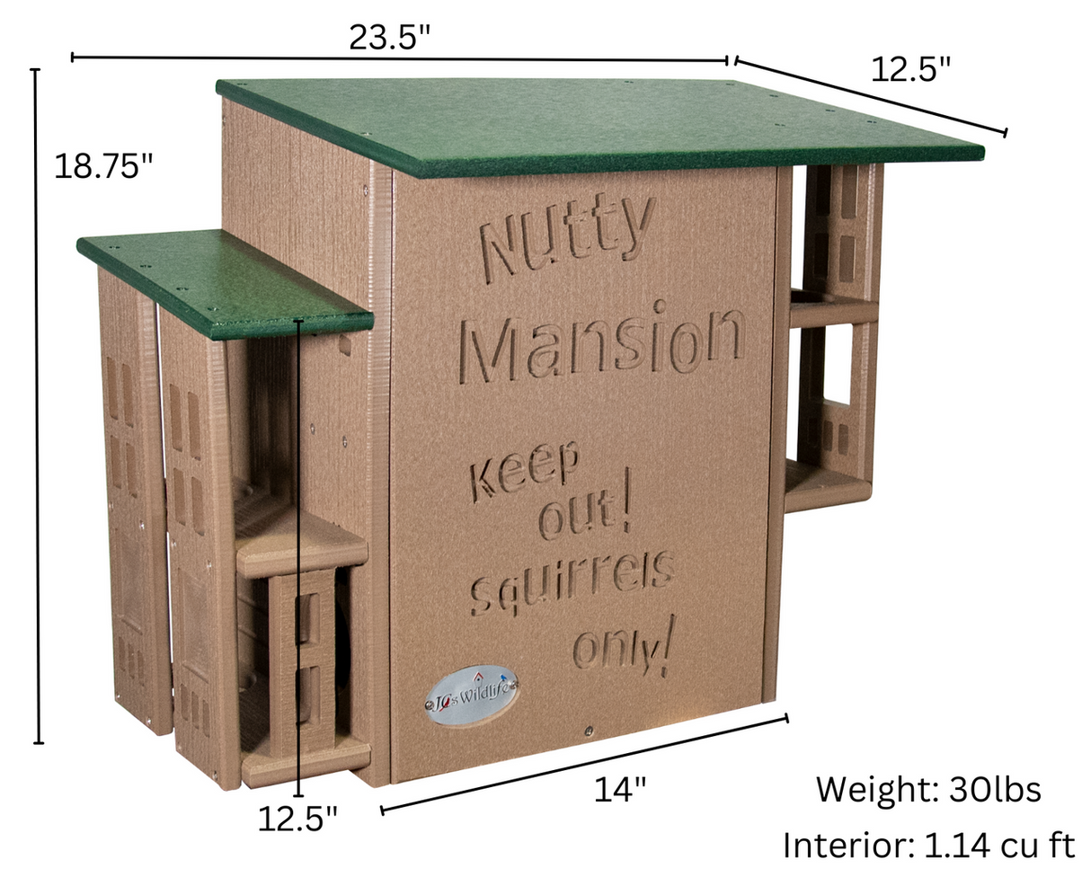 Diagram of Jo-Wildlife's Nutty Mansion squirrel feeder showing a tan and green structure with multiple entry points and the words Nutty Mansion Keep Out Squirrels Only