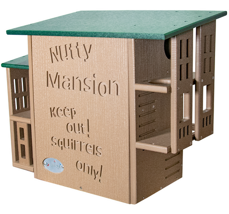 Tos Wildlife Nutty Mansion squirrel feeder featuring a green roof multiple entry points and cut-out text