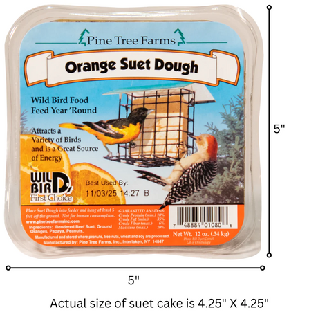 Pine Tree Farms product label featuring an orange suet dough cake for wild birds, showing a Baltimore Oriole and a Red-bellied Woodpecker at a bird feeder against a vibrant orange and green background with detailed nutritional information