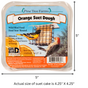 Pine Tree Farms product label featuring an orange suet dough cake for wild birds, showing a Baltimore Oriole and a Red-bellied Woodpecker at a bird feeder against a vibrant orange and green background with detailed nutritional information
