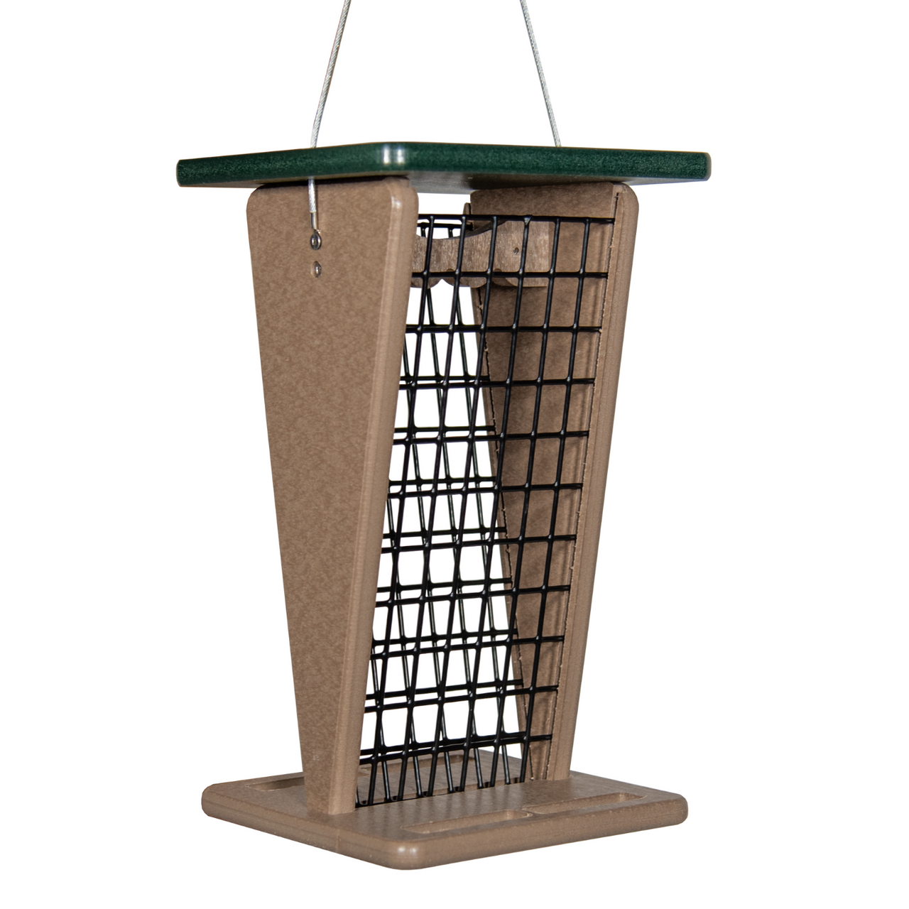 Recycled plastic hanging bird feeder with a taupe body dark green top and black wire mesh featuring a unique V-shaped design for easy access