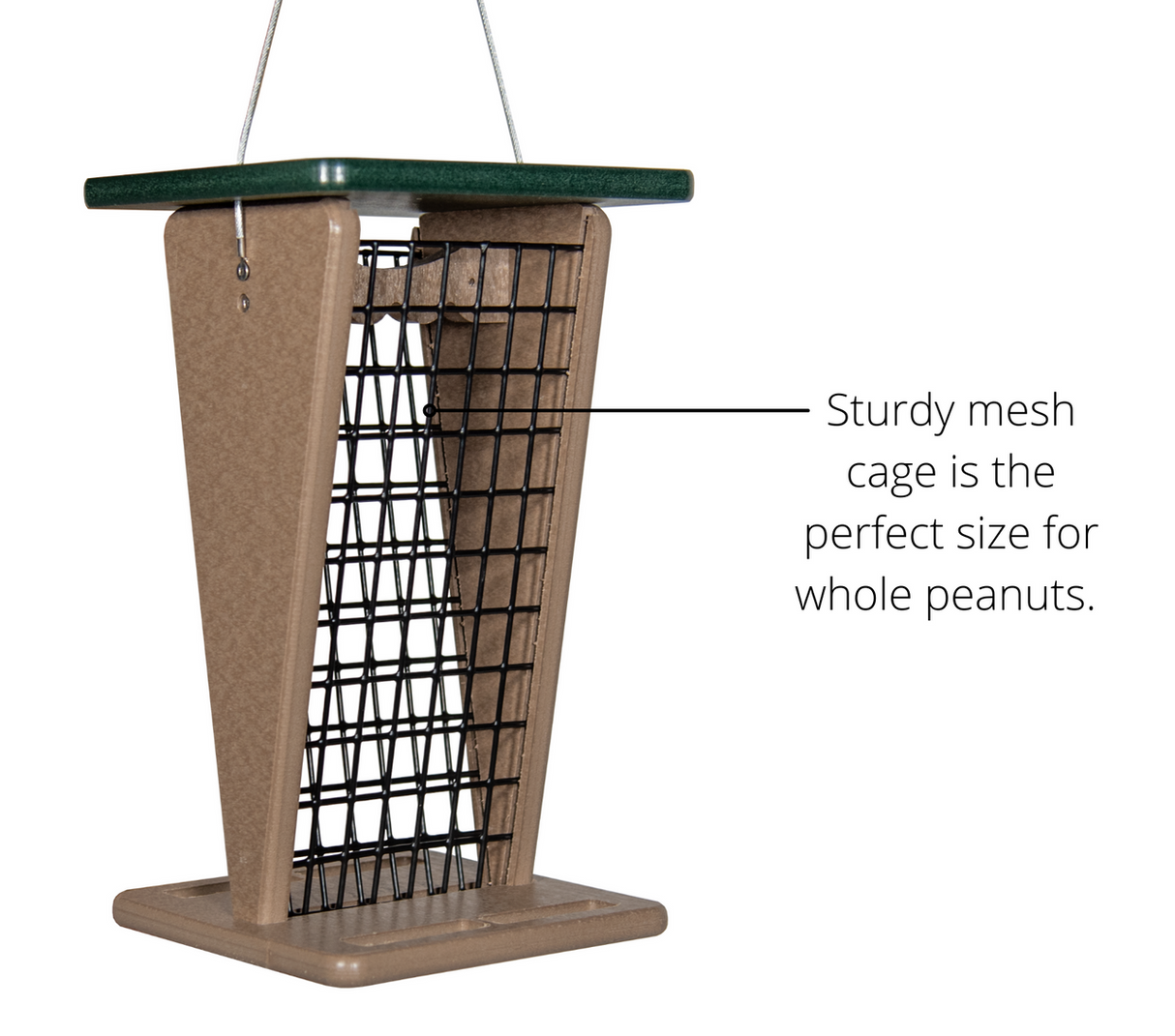 Product shot of a tan and green recycled plastic peanut bird feeder with a sturdy black wire mesh cage ideal for whole peanuts showing a hanging design and square base