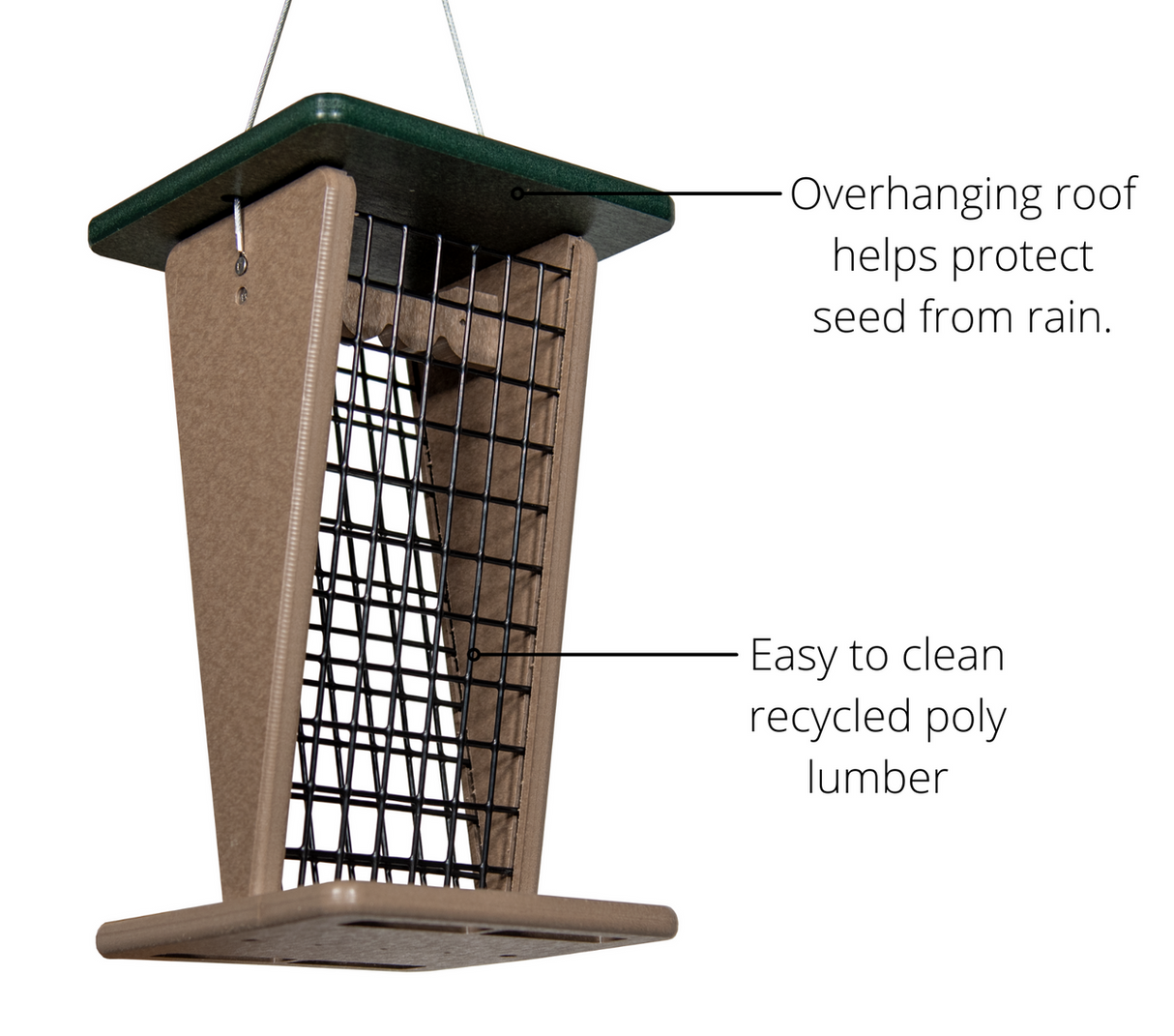 Product shot of a recycled poly lumber bird feeder with a dark green roof and black wire mesh sides showing a taupe-colored body and a square base