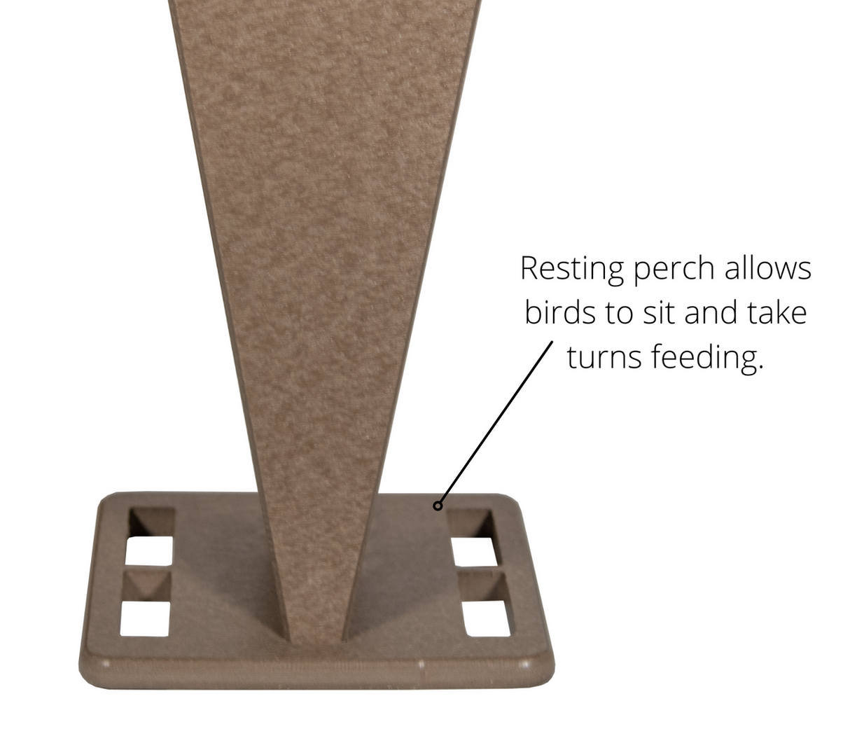 Product shot showing a taupe plastic bird feeder base with a textured surface and square drainage holes featuring a central perch for resting birds