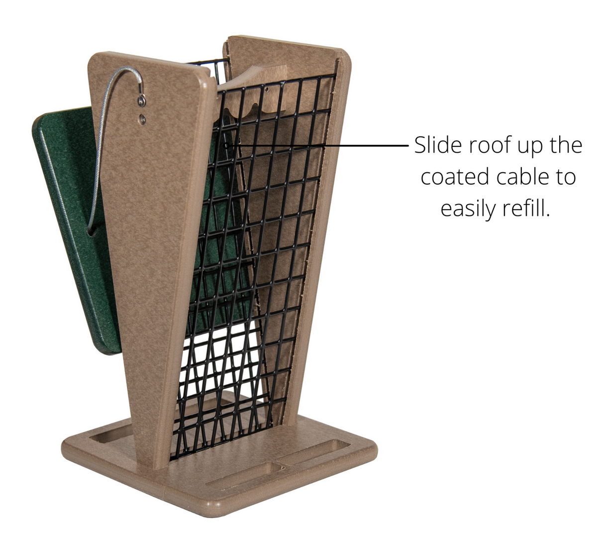 Product shot of a tan and green recycled plastic bird feeder with a wire mesh enclosure and sliding roof featuring a coated cable for easy refilling