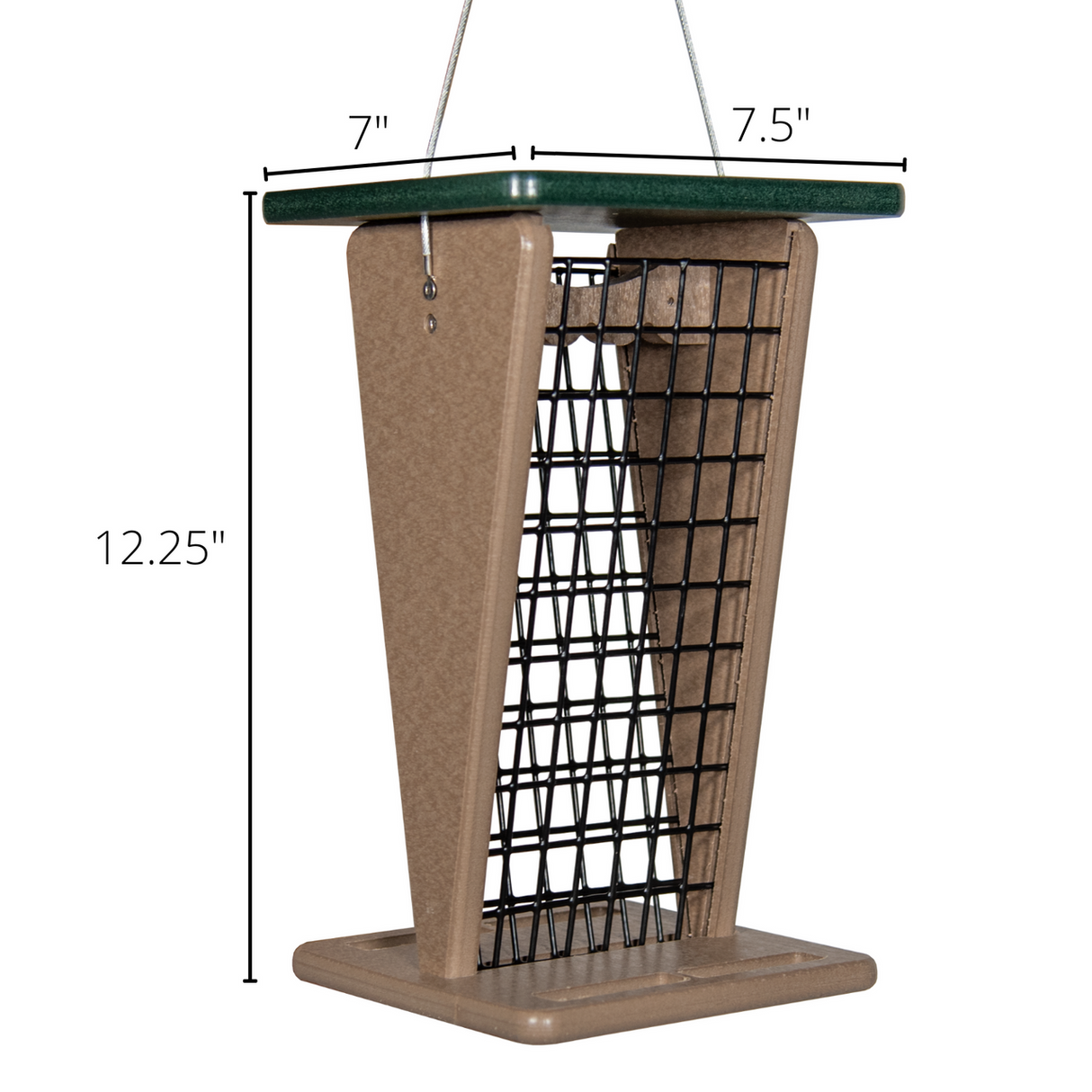 Product shot of a recycled plastic bird feeder with a dark green top a taupe body and black wire mesh sides showing dimensions