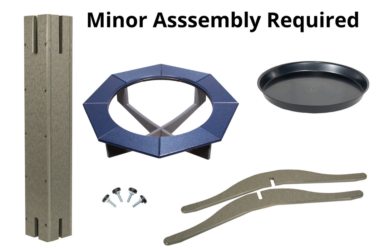 JCS Wildlife Poly Lumber Garden Bird Bath assembly parts including base, bowl, and hardware for easy setup.