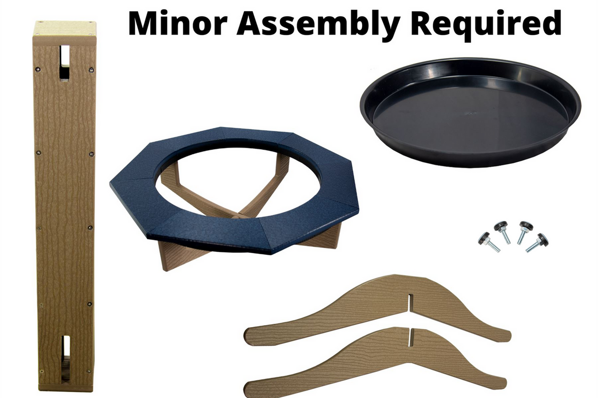 JCS Wildlife Poly Lumber Bird Bath assembly parts including pedestal, bowl, and assembly hardware.