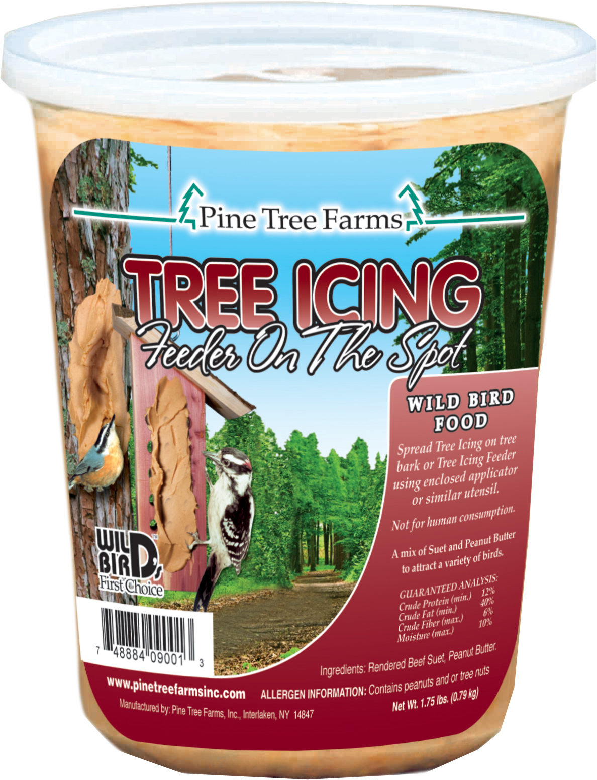 Pine Tree Farms Tree Icing Suet Spread 28oz in a clear container, designed to attract wild birds to feeders or tree bark.