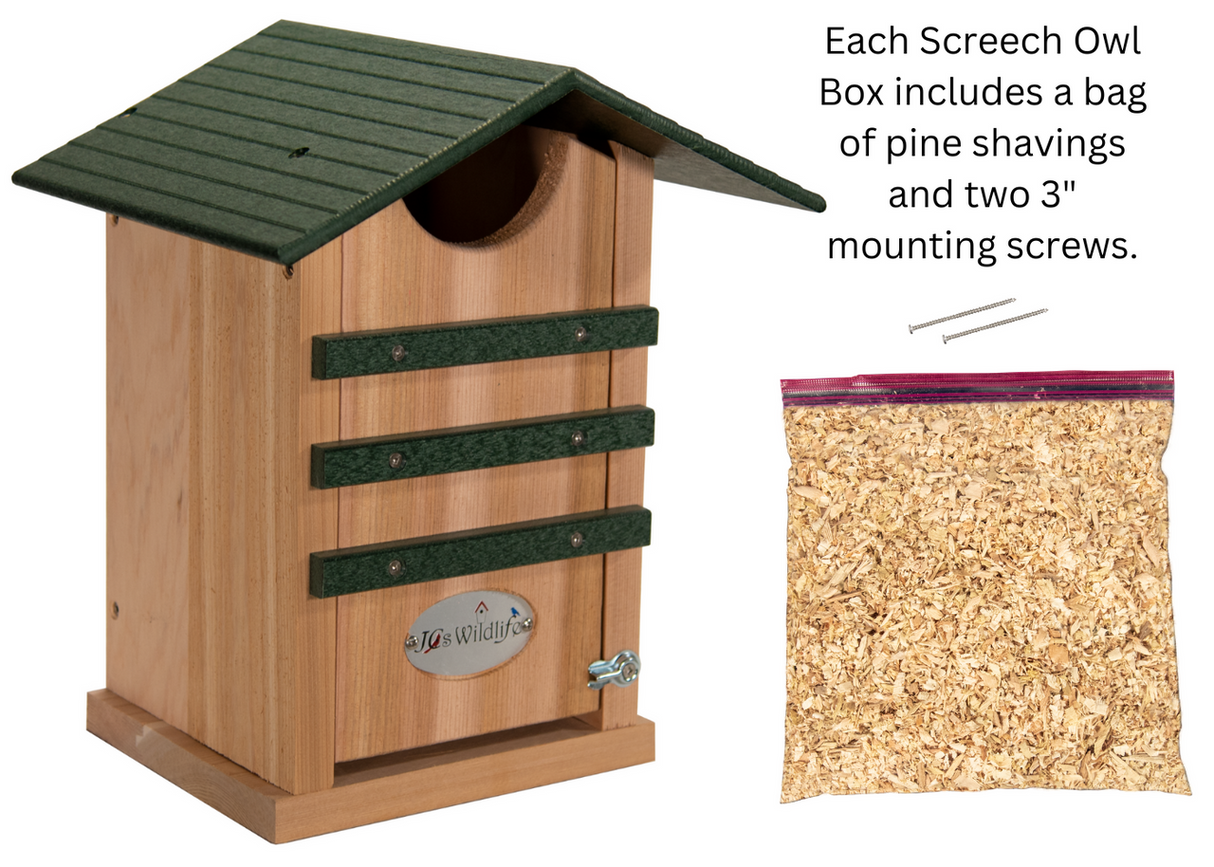 JCS Wildlife Cedar Screech Owl Nest Box with Poly Lumber Roof and pine shavings for easy setup.