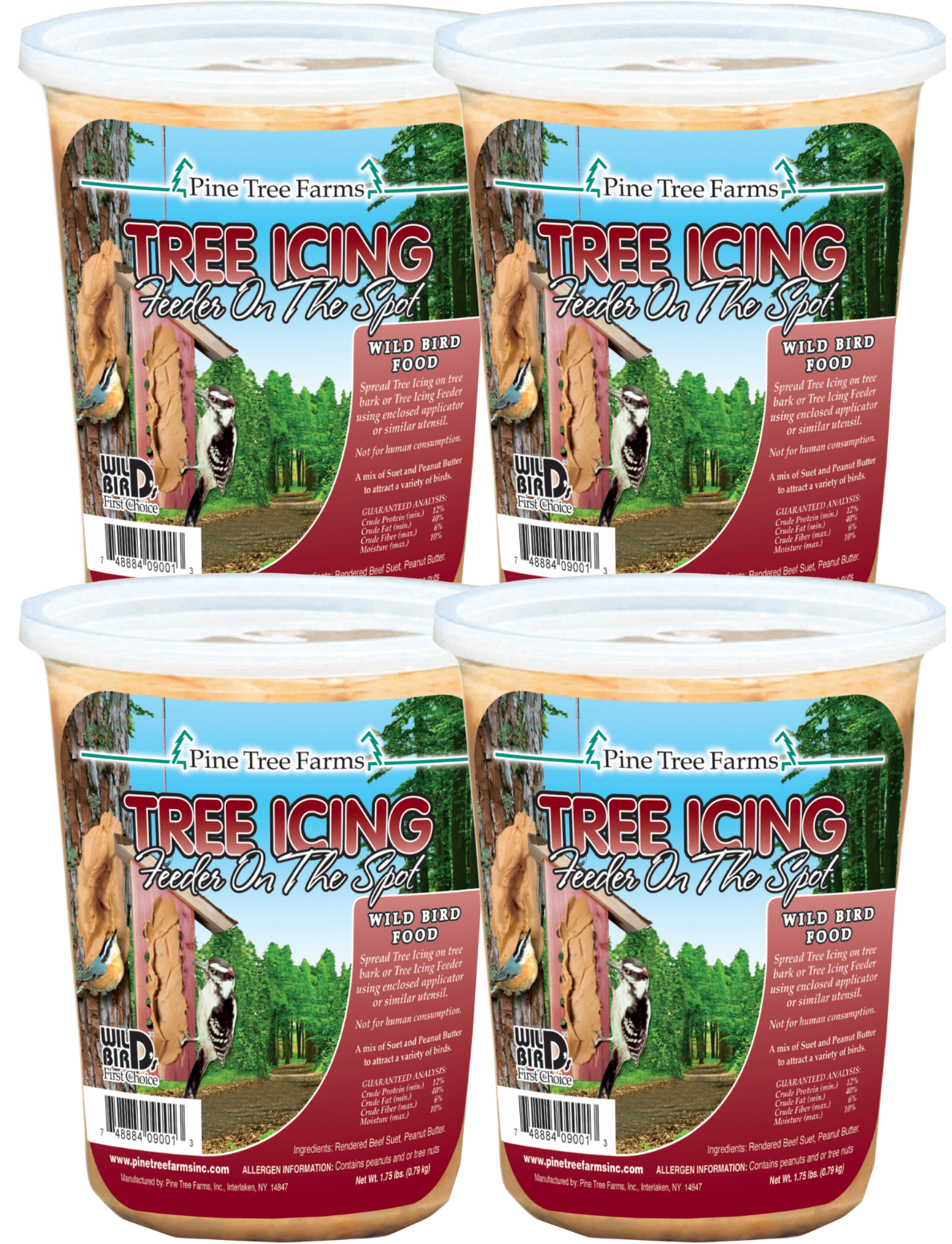 Pine Tree Farms Tree Icing Suet Spread 28oz in four containers for attracting wild birds.