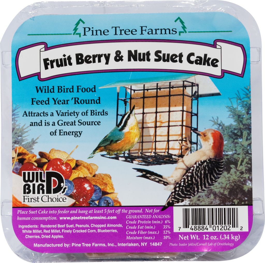 Pine Tree Farms Fruit Berry & Nut Suet Cake, 12 oz, appealing to wild birds with energy-rich ingredients.