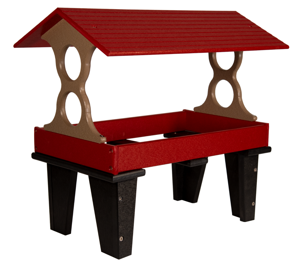 Plastic red and tan bird feeder with a peaked roof and black legs showing two decorative cutouts in the taupe supports