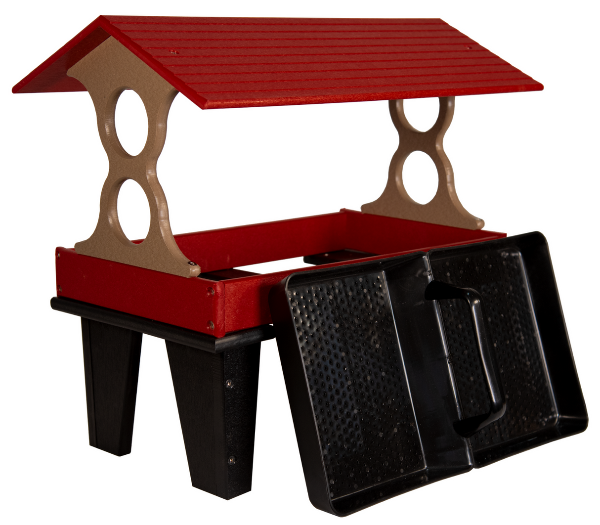 Plastic red and tan bird feeder with removable black tray featuring a gabled roof and two decorative cutouts on the supports