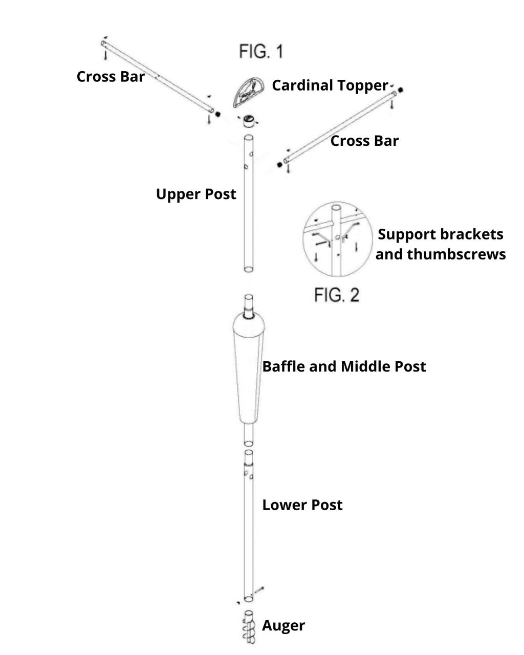 Diagram of Squirrel Stopper Bird Feeder Assembly showing cross bar, cardinal topper, upper post, baffle and middle post, and lower post