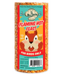 Mr Bird product photography showing a Flaming Hot Feast bird food log featuring a cartoon squirrel on a red and orange label with sunflower seeds peanuts and worms