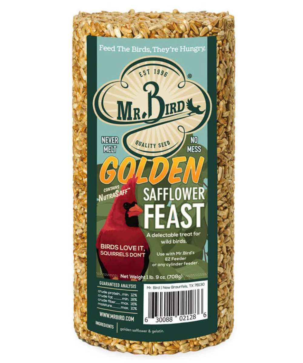 Mr Bird product photography showing a cylinder of Golden Safflower Feast birdseed featuring a cardinal illustration and text highlighting its quality and squirrel-resistance in a vibrant gold and green design