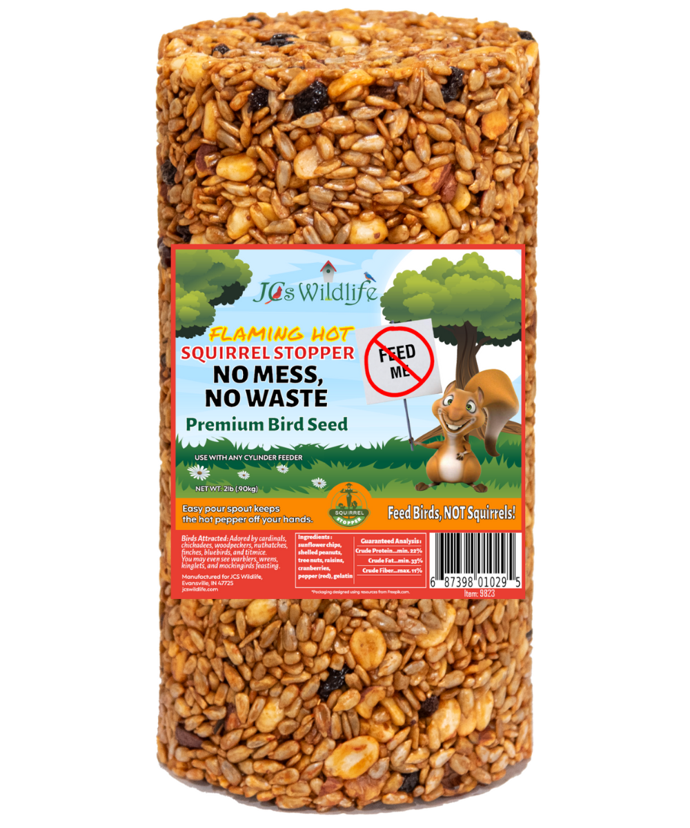 JCs Wildlife Flaming Hot Squirrel Stopper premium bird seed cylinder package shows sunflower seeds peanuts and dried cranberries in a vibrant mix