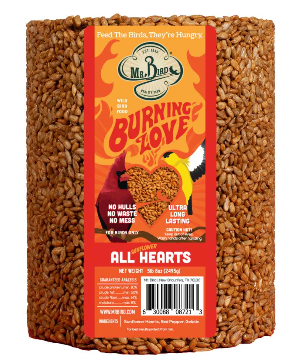 Mr Bird's Burning Love Sunflower All Hearts bird food a 5lb 8oz cylinder of sunflower seeds red pepper and gelatin showing cardinals and goldfinches on the label