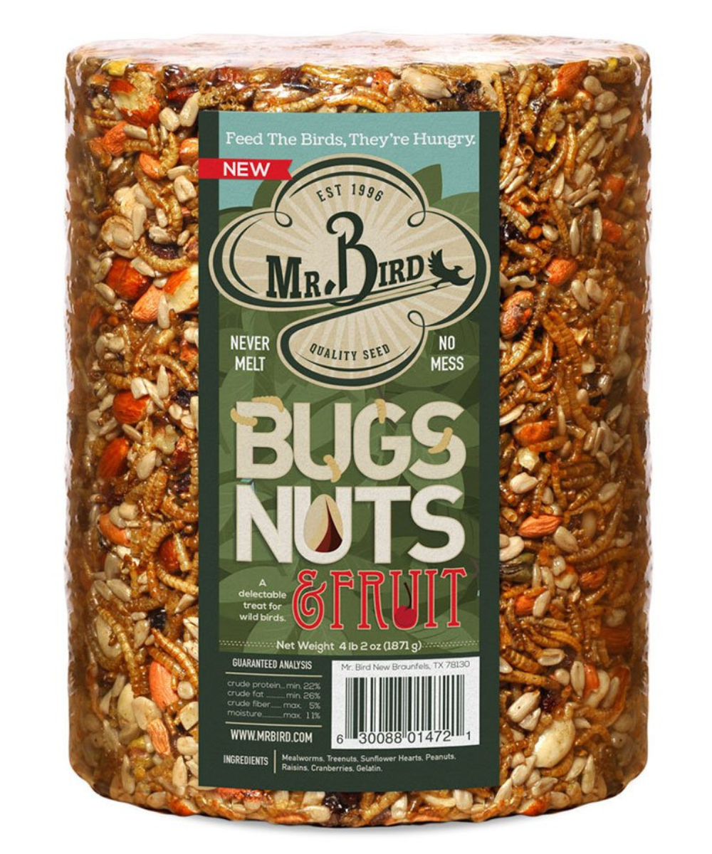 Mr. Bird's Bugs Nuts & Fruit bird food cylindrical package shows mealworms, sunflower seeds, and cranberries against a green background