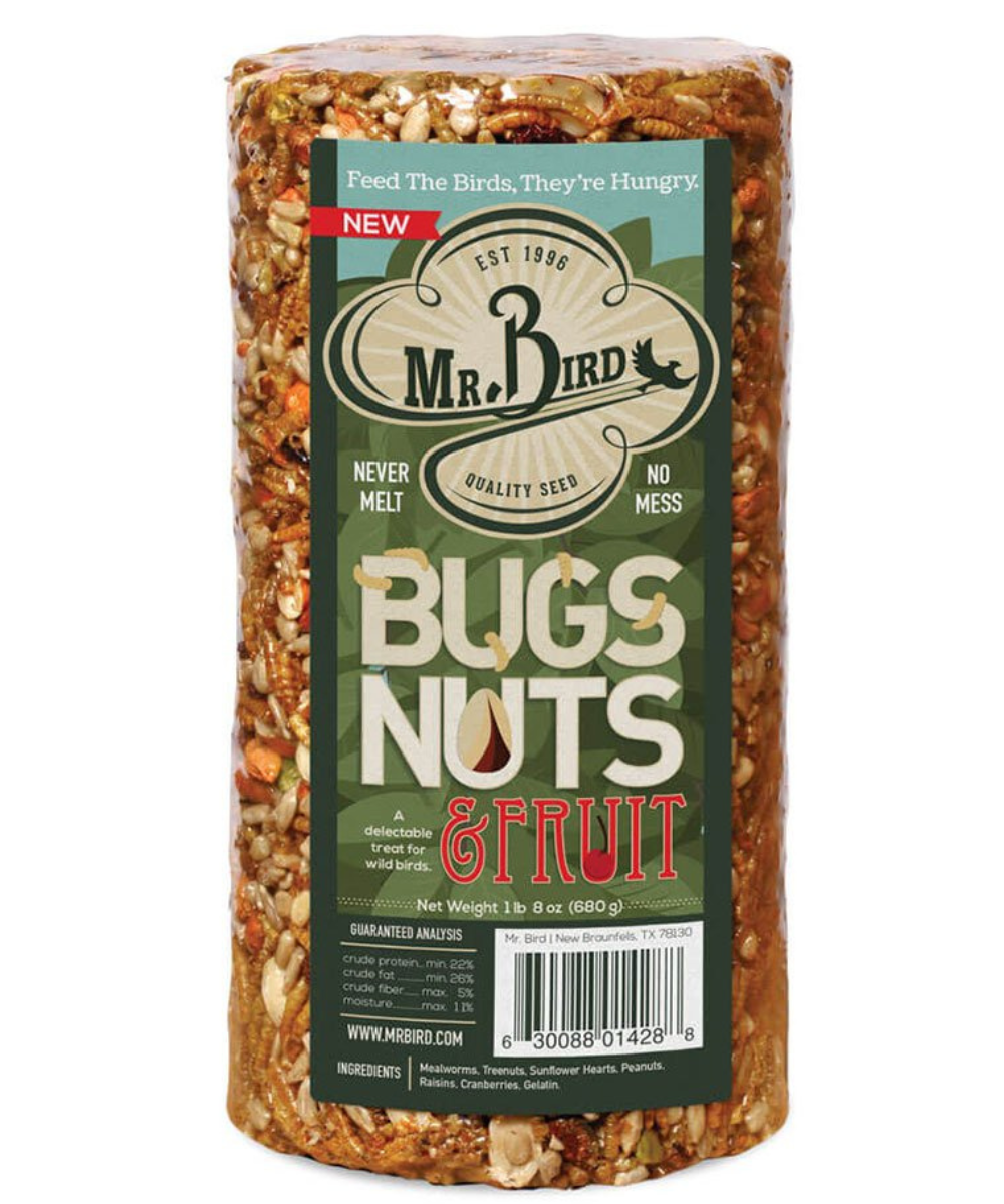 Mr Bird product photography showing a Bugs Nuts & Fruit block for wild birds featuring mealworms, cranberries, and sunflower seeds against a green and brown label