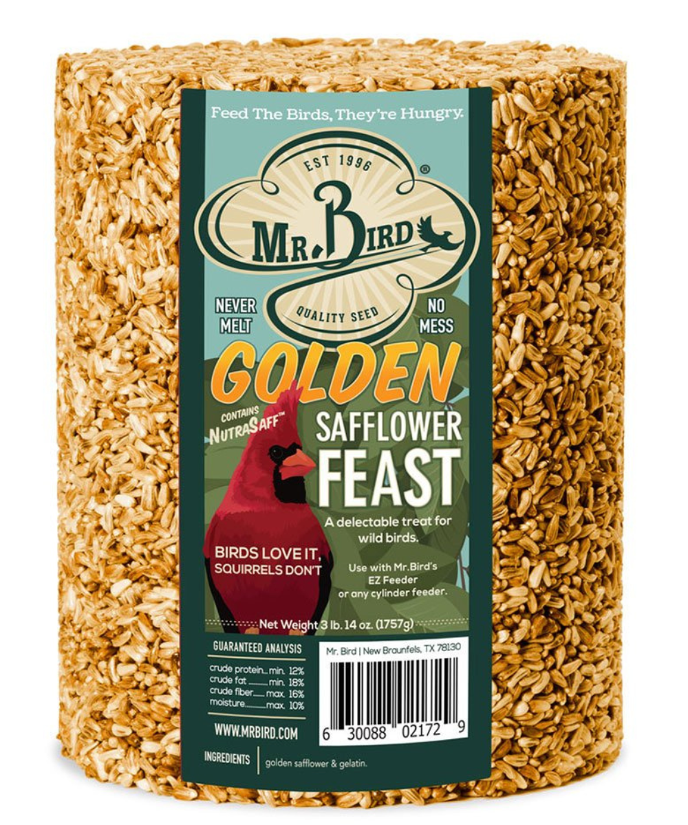 Mr Bird's Golden Safflower Feast bird food cylindrical package shows a vibrant cardinal and features golden safflower seeds with a detailed label promising no mess and a delectable treat for wild birds