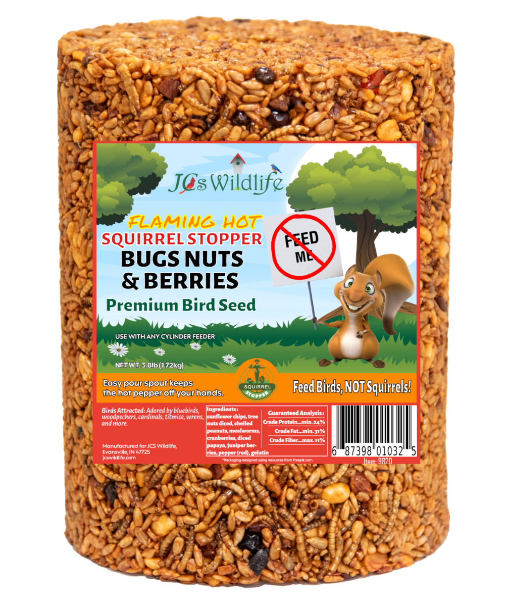 JCs Wildlife Flaming Hot Squirrel Stopper Bugs Nuts & Berries Premium Bird Seed product showing a cylinder of birdseed with blueberries, cranberries, and sunflower chips against a cartoon squirrel background