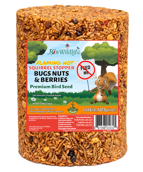 JCs Wildlife Flaming Hot Squirrel Stopper Bugs Nuts & Berries Premium Bird Seed product showing a cylinder of birdseed with blueberries, cranberries, and sunflower chips against a cartoon squirrel background