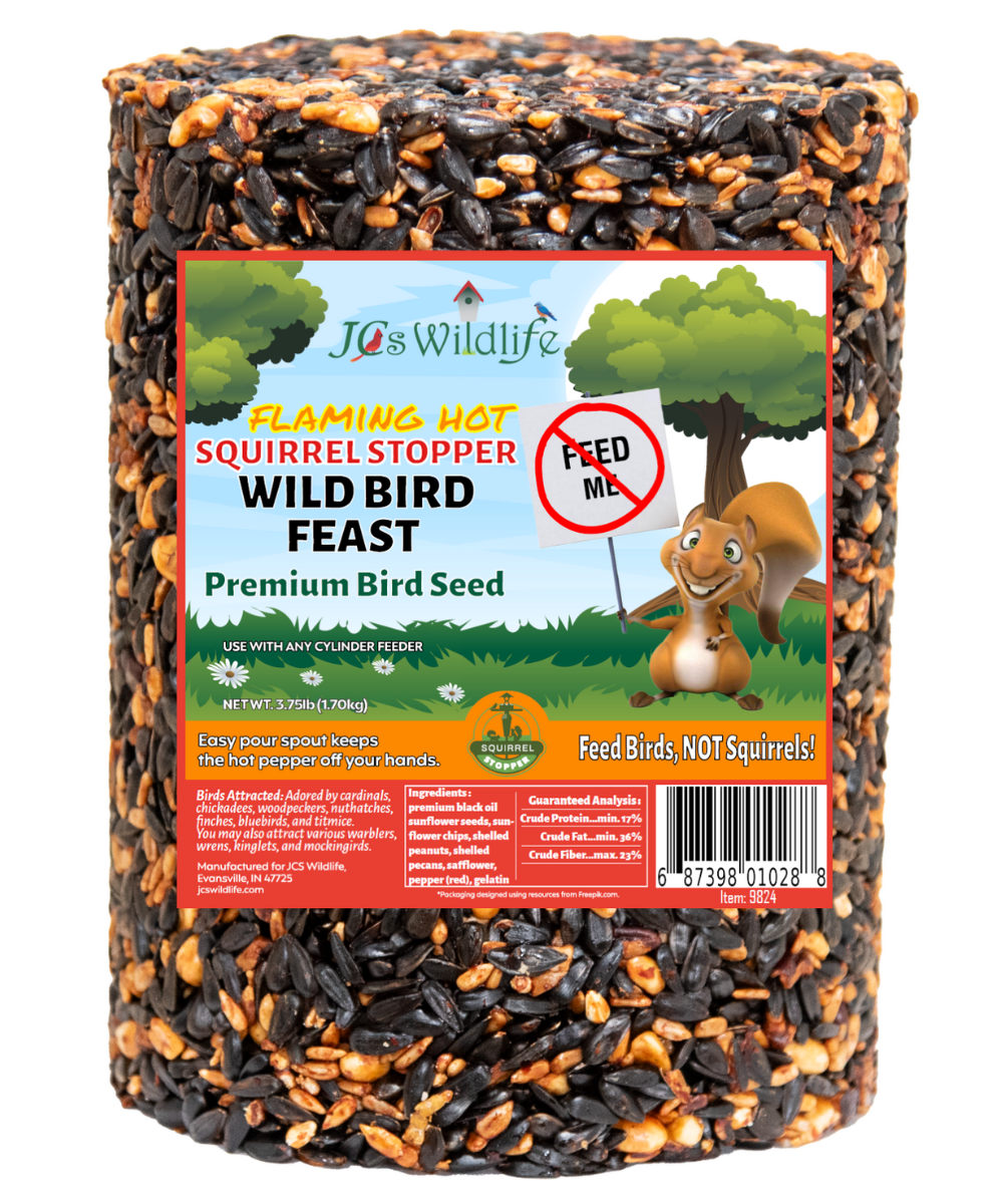 JCs Wildlife premium bird seed cylinder features sunflower seeds, pecans, and red pepper, attracting cardinals and woodpeckers in a whimsical squirrel-stopper design