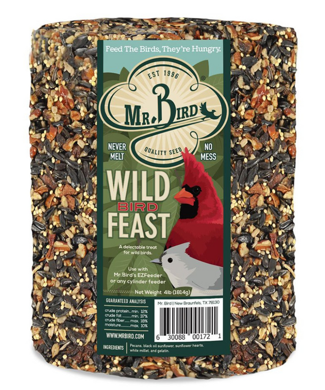 Mr. Bird Wild Bird Feast birdseed package showing a red cardinal and other birds amidst pecans, black oil sunflower seeds, and sunflower hearts