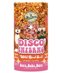 Mr Bird's graphic design for Disco Inferno wild bird seed features two surprised squirrels flanking a disco ball against a vibrant pink and orange background with text that reads Burn Baby Burn