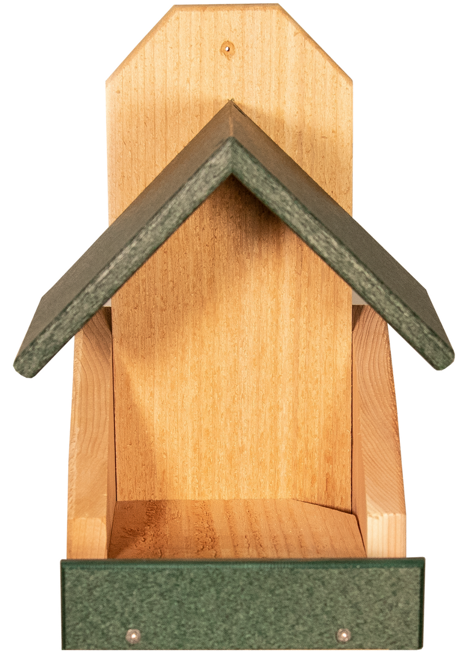 Wooden bird feeder with a peaked green roof and a natural wood base featuring a small tray and visible wood grain and metal fasteners