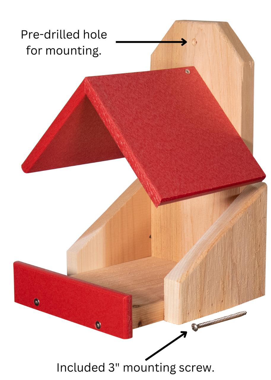 Product image showing a red and natural wood bird feeder with a protective roof and a pre-drilled mounting hole and included screw for easy installation featuring vibrant red accents and a simple design
