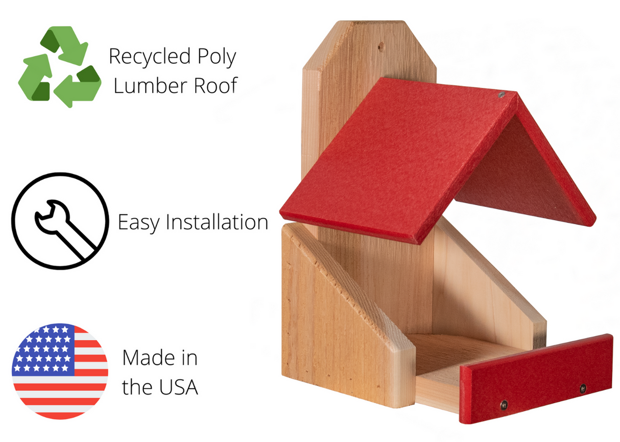USA-made wooden birdhouse with a bright red recycled poly lumber roof and feeding tray featuring a simple design and easy installation