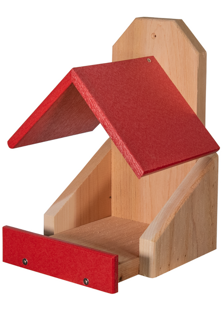 Wooden bird feeder with red roof and landing platform showing natural wood grain and small screws