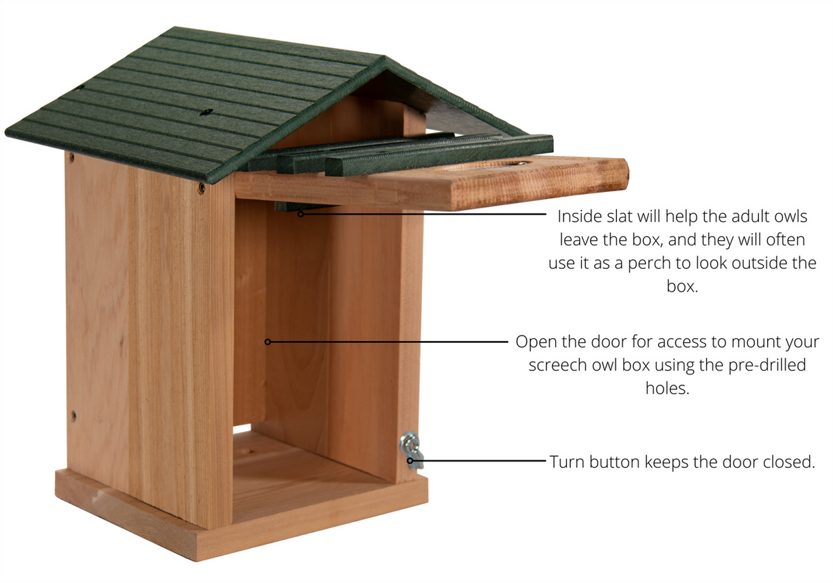 JCS Wildlife Cedar Screech Owl Nest Box with Poly Lumber Roof features, including access door and inside slat for owls.