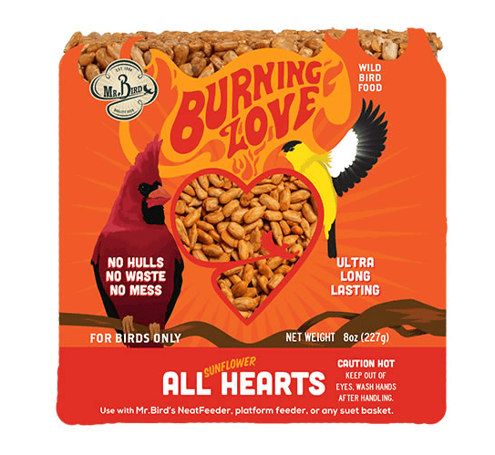 Mr. Bird Burning Love Small Cake, spicy bird feed, whole sunflower hearts, no waste, ultra long lasting, perfect for year-round feeding.